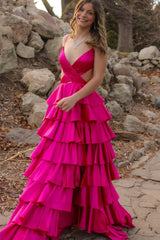 Satin fuchsia Layered Prom Formal Dress Spaghetti Straps V-Neck Mychicdress