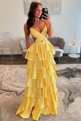 Satin yellow Layered Prom Formal Dress Spaghetti Straps V-Neck Mychicdress