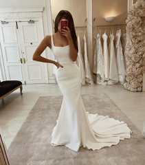 Long Square Ivory Mermaid Satin Summer Wedding Dresses