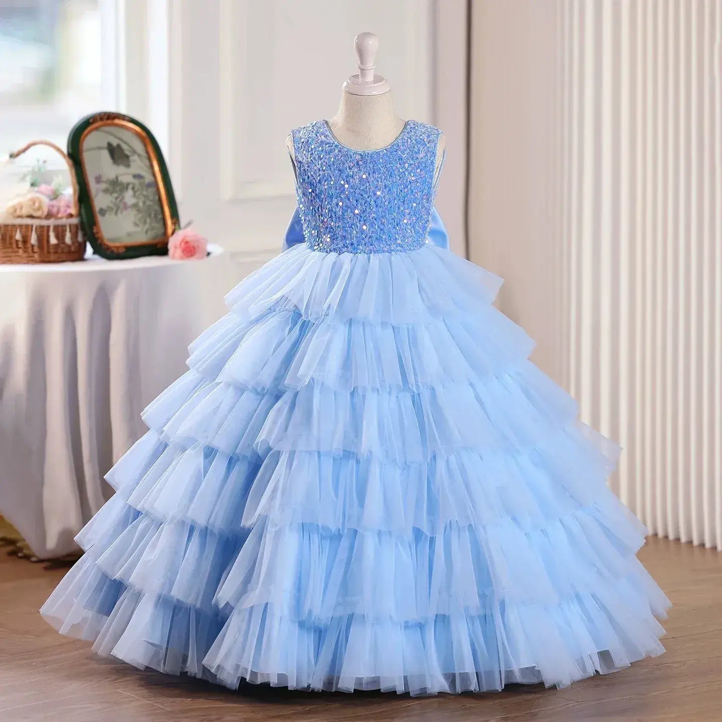 Sequin Flower Girl Dress Birthday Party Layered Pageant Dress Piano Performance Gown