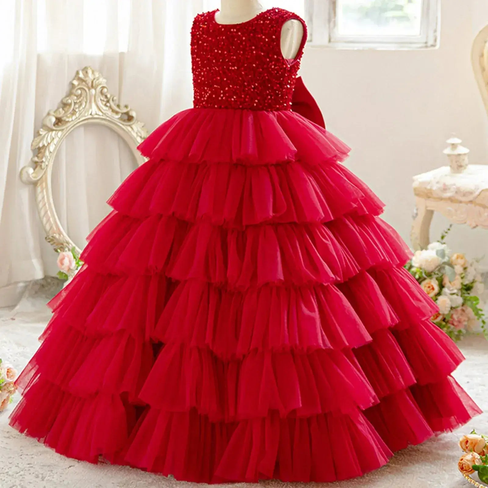Sequin Flower Girl Dress Birthday Party Layered Pageant Dress Piano Performance Gown
