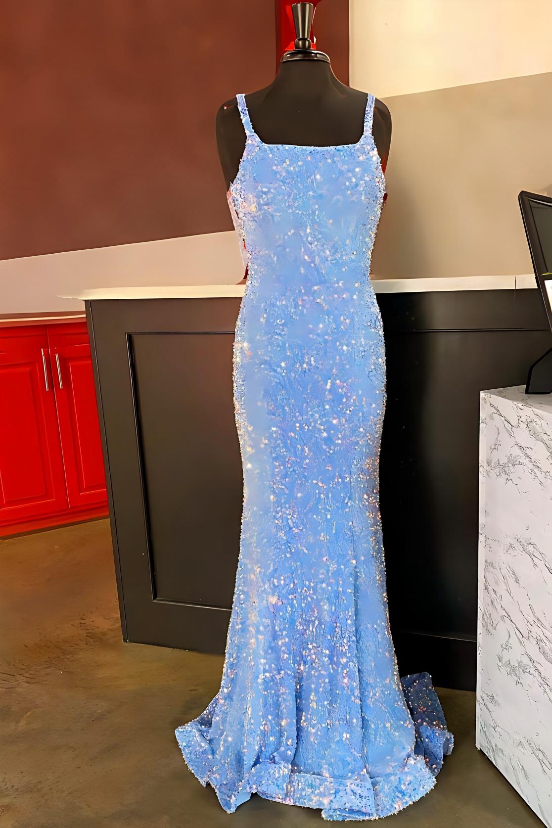 Vestidos de fiesta con cuello cuadrado dorado y lentejuelas, vestido formal largo de sirena sin espalda con abertura