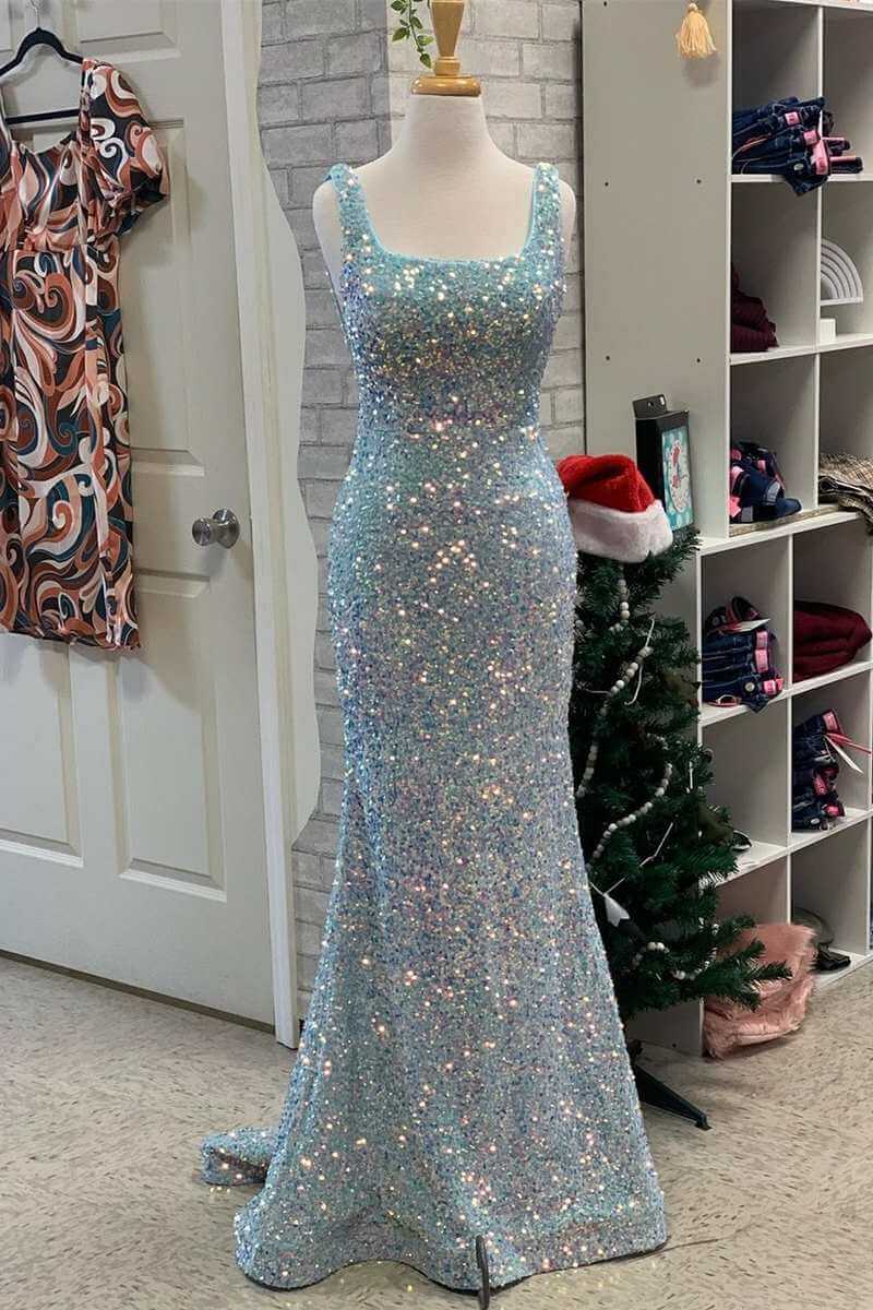 Vestidos de fiesta con cuello cuadrado dorado y lentejuelas, vestido formal largo de sirena sin espalda con abertura
