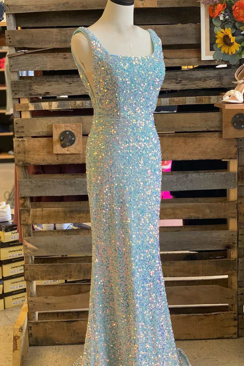 Vestidos de fiesta con cuello cuadrado dorado y lentejuelas, vestido formal largo de sirena sin espalda con abertura