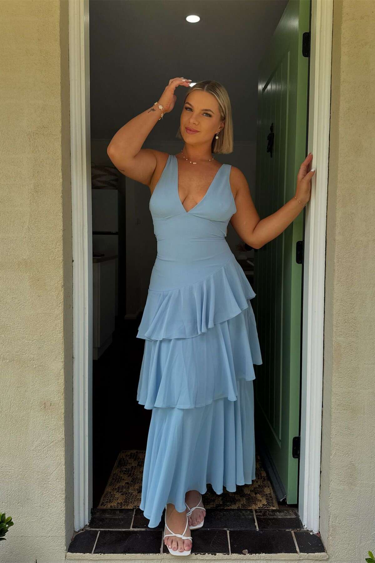 Sexy Blue Tiered Formal Guest Dress V Neck Chiffon