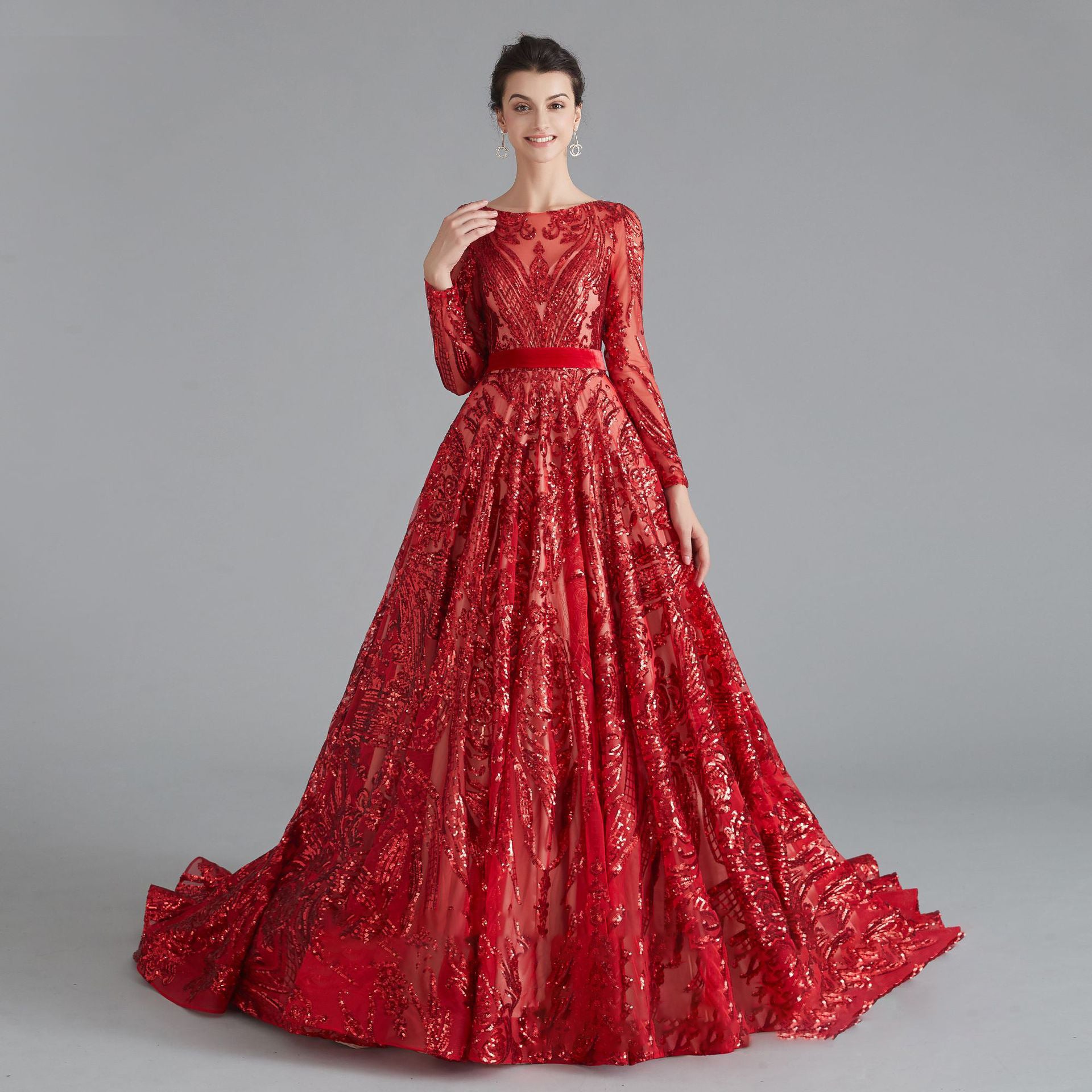 Red lace evening gown