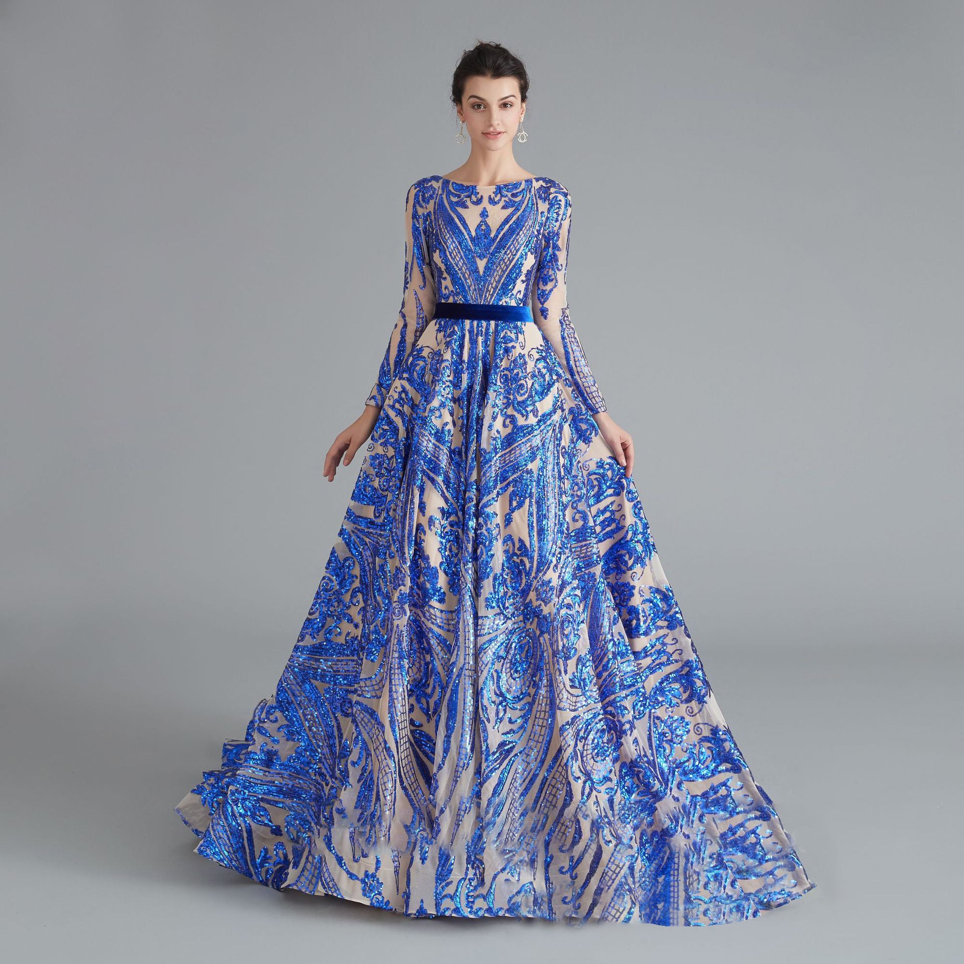 Sexy Long Sleeves royal blue Lace Prom Dresses Open back
