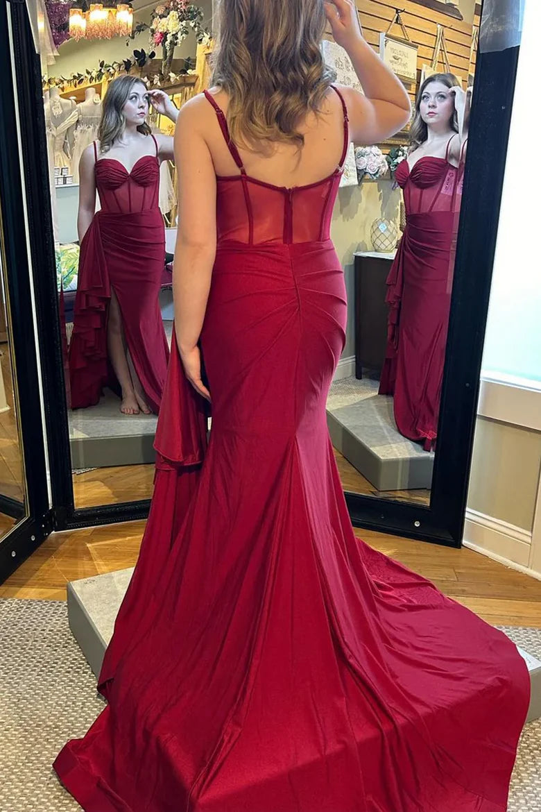 Sexy Red Prom Dress Pleats Mermaid Satin High Slit Spaghetti Straps