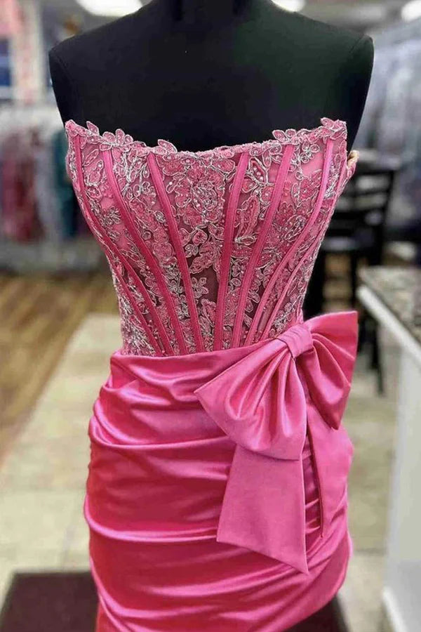 Sexy Strapless Hot Pink Homecoming Dress Short Lace Summer Dress