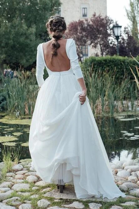 Sheath Beach Spandex Modest Wedding Dresses with Chiffon Skirt Open Back