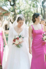 Sheath Fuchsia Bridesmaid Dresses Square Neck Satin with Bow