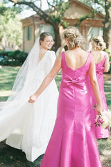 Sheath Fuchsia Bridesmaid Dresses Square Neck Satin with Bow