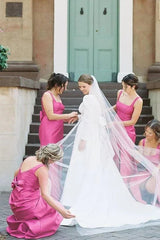 Sheath Fuchsia Bridesmaid Dresses Square Neck Satin with Bow