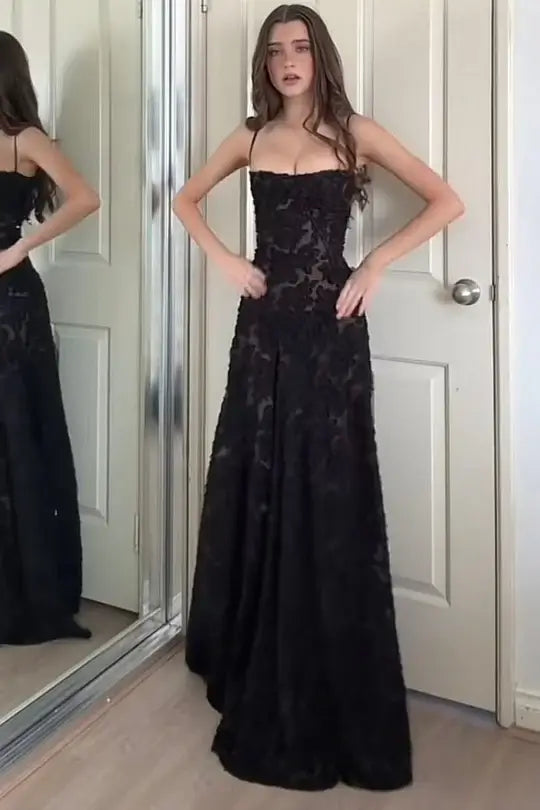 Sheath Long Black Evening Dress Lace Straps Prom Dress Near Me