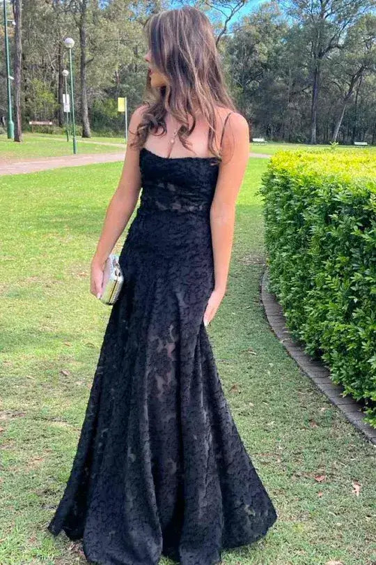 Sheath Long Black Evening Dress Lace Straps Prom Dress Near Me
