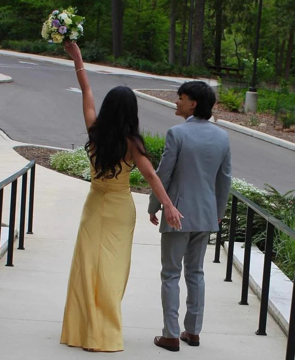 Sheath Long Yellow Prom Dresses Strapless Formal Gown