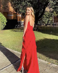 Sheath Maxi Red Formal Dress for Wedding Guests with Ruffles Mychicdress