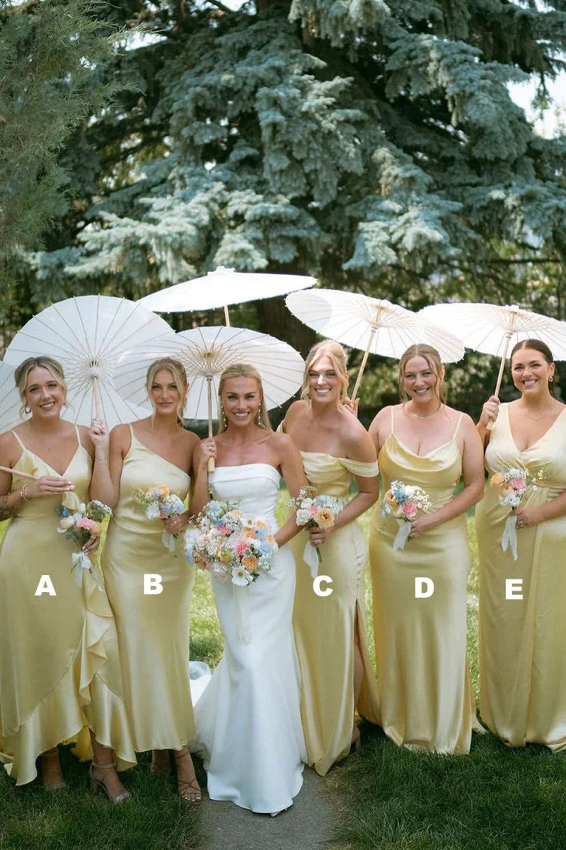 Sheath Mismatched Pale Yellow Bridesmaid Dresses Silk Satin