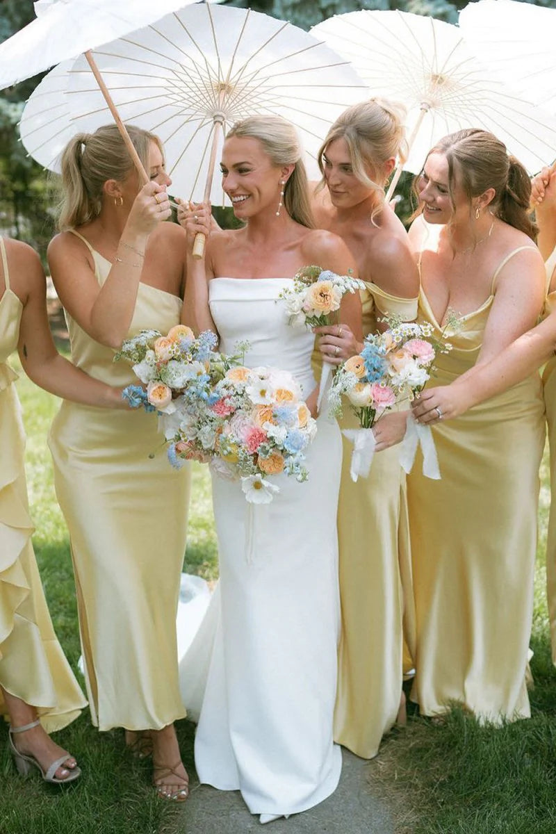 Sheath Mismatched Pale Yellow Bridesmaid Dresses Silk Satin