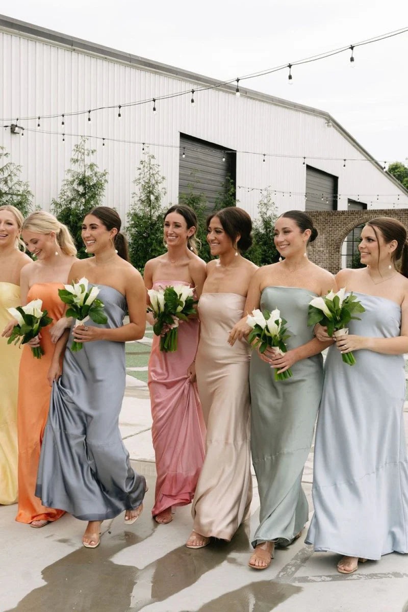 Sheath Strapless Colorful Bridesmaid Dress Cheap Silk Satin Maxi Dress