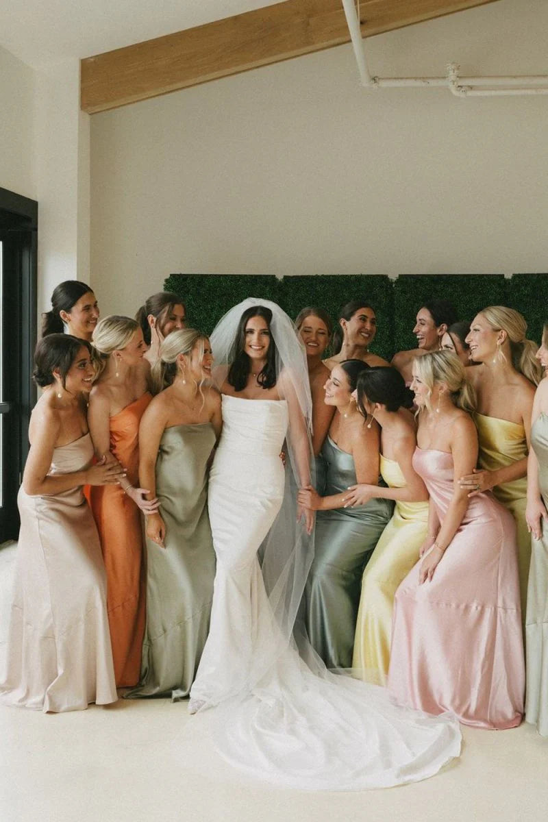 Sheath Strapless Colorful Bridesmaid Dress Cheap Silk Satin Maxi Dress