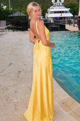 Sheath Yellow Maxi Dress For Wedding Guests V-Neck Tie-Back with Slit