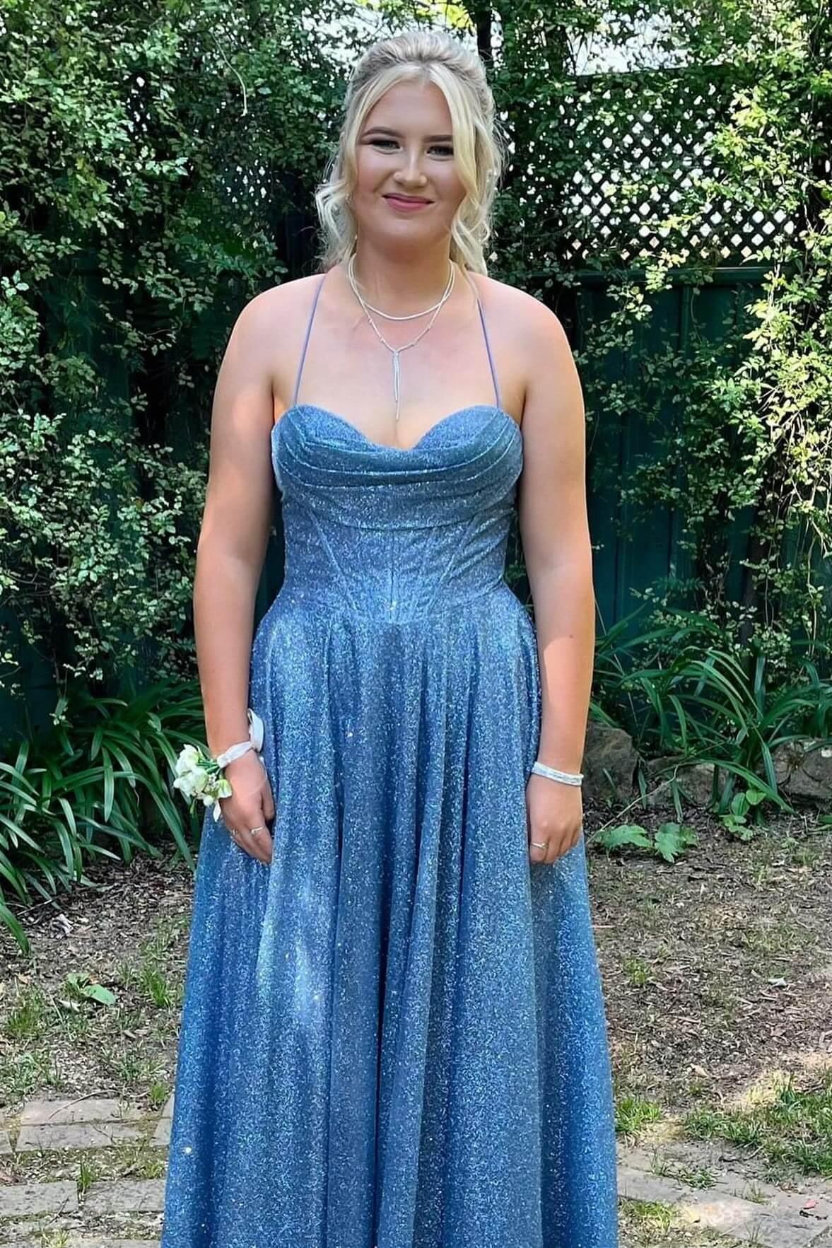 blue sparkly dress Sheath Metallic Corset Prom Dress Cowl Neck with Slit