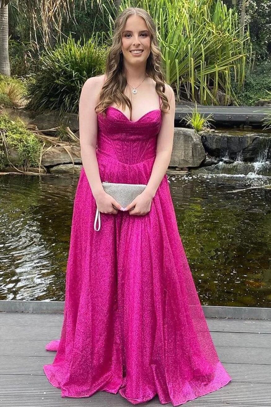 Sheath Metallic Corset hot pink Prom Dress Cowl Neck with Slit