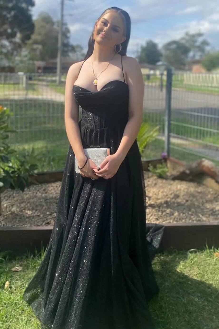 black evening gown Sheath Metallic Corset Prom Dress Cowl Neck with Slit