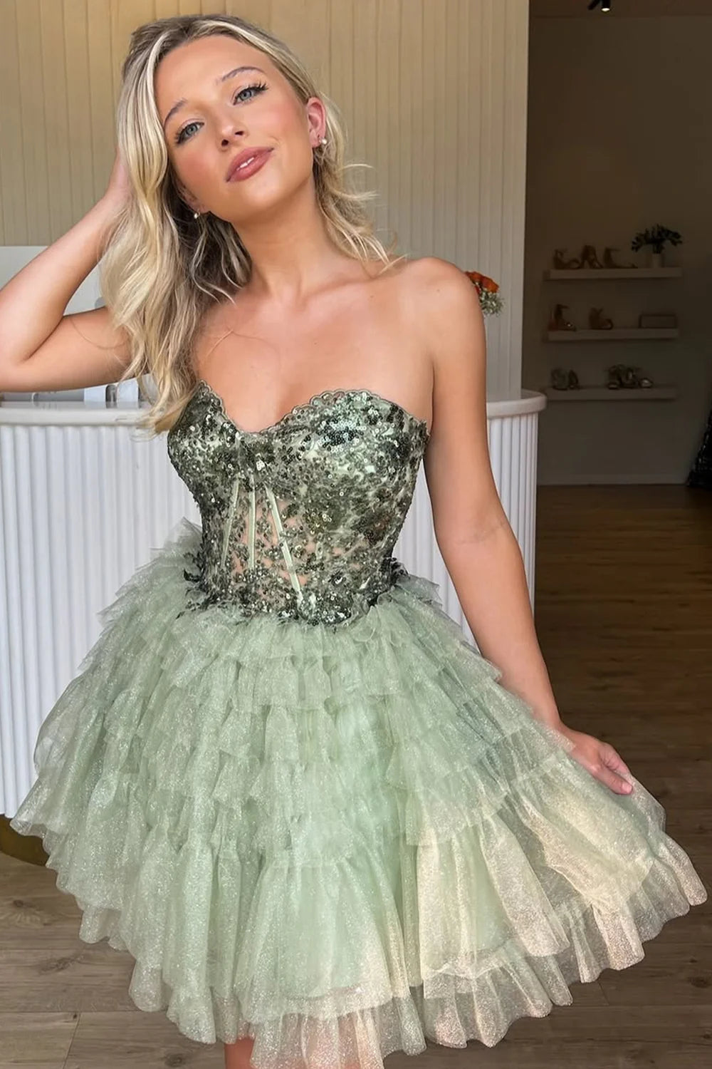 Shiny A-Line Short Sequined  Sage Green Homecoming Dress 