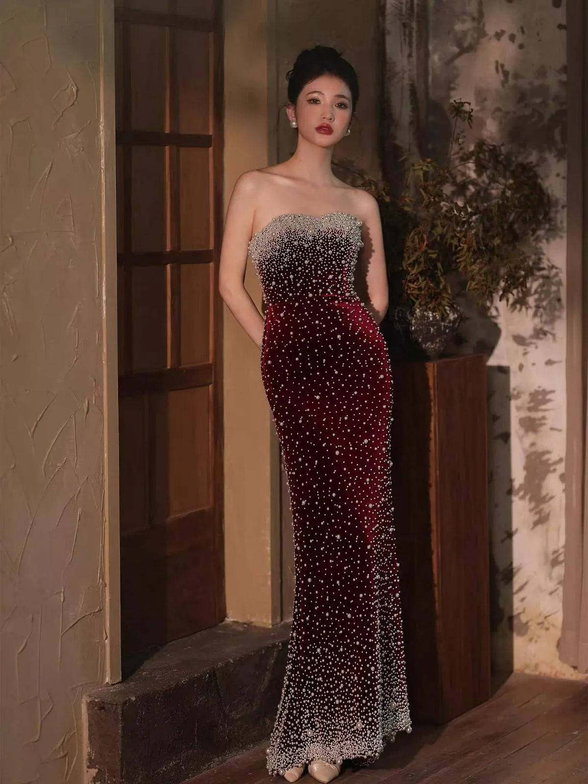 Shiny Luxury Strapless Burgundy Evening Dress Pearls Sleeveless Mychicdress