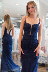 Shiny Mermaid Navy Blue Lace Prom Dress Sequins Appliques