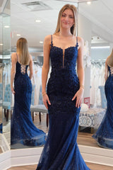 Shiny Mermaid Navy Blue Lace Prom Dress Sequins Appliques