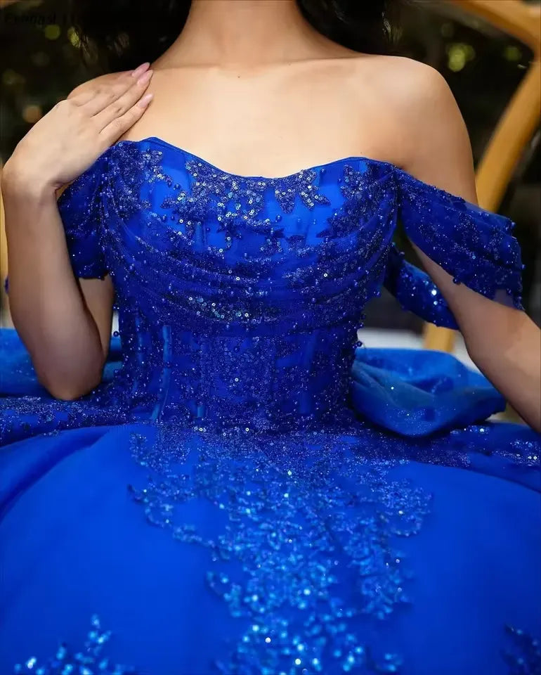 Shiny Royal Blue Off-Shoulder Quinceanera Dress Lace Applique With Bow