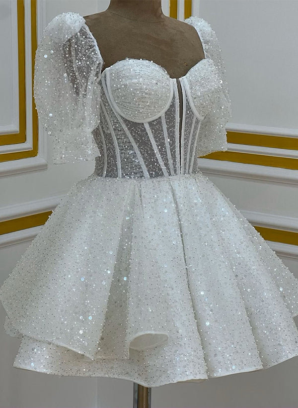 Shiny White Sequined Hoco Dresses Corset Sweetheart Short Sleeves Mychicdress