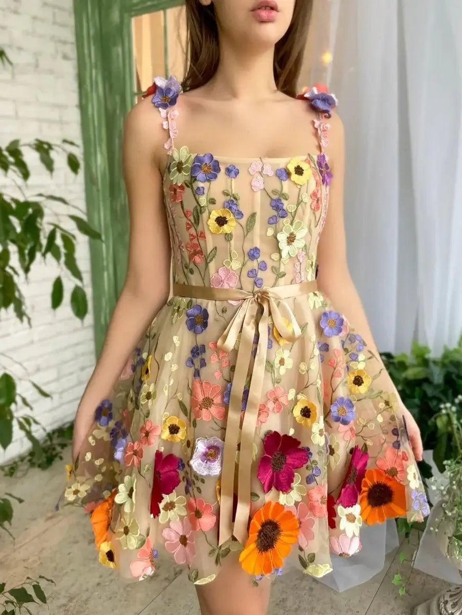 Short Floral Homecoming Dress 3D Flowers Square Neck