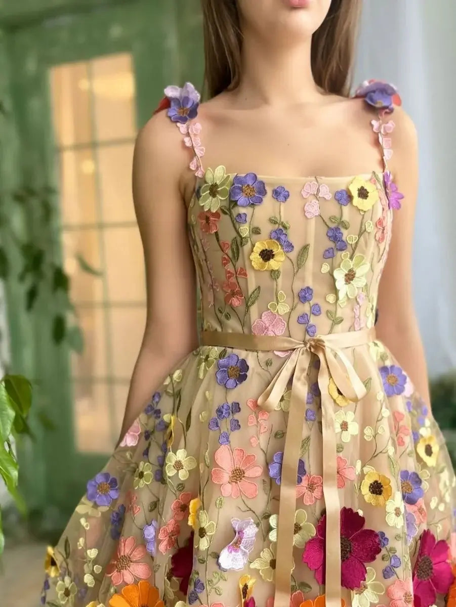Short Floral Homecoming Dress 3D Flowers Square Neck