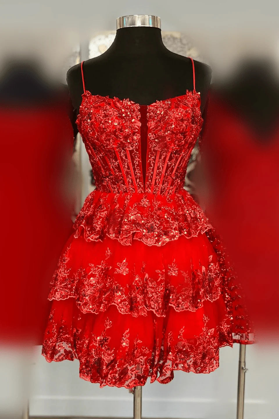 Short Layered red Homecoming Dresses Ruffles A Line V Neck