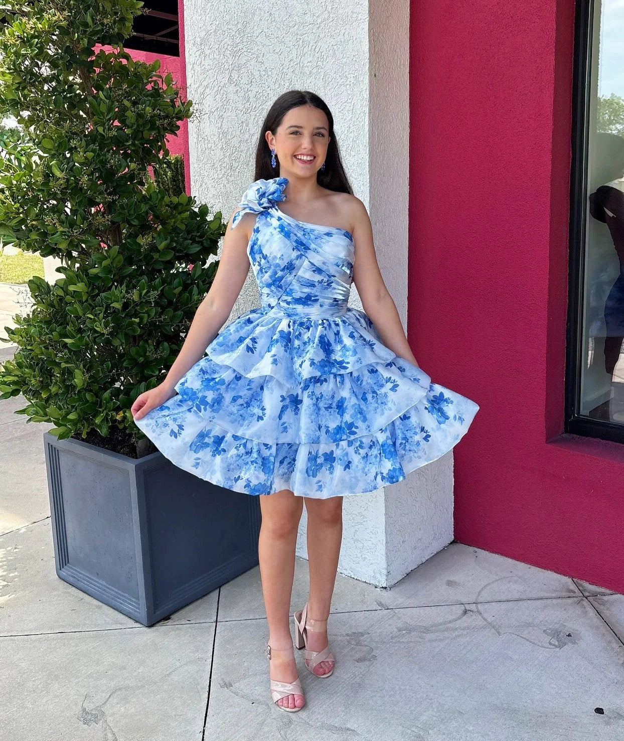 Short One Shoulder Blue Floral Homecoming Dress Tiered with Flower