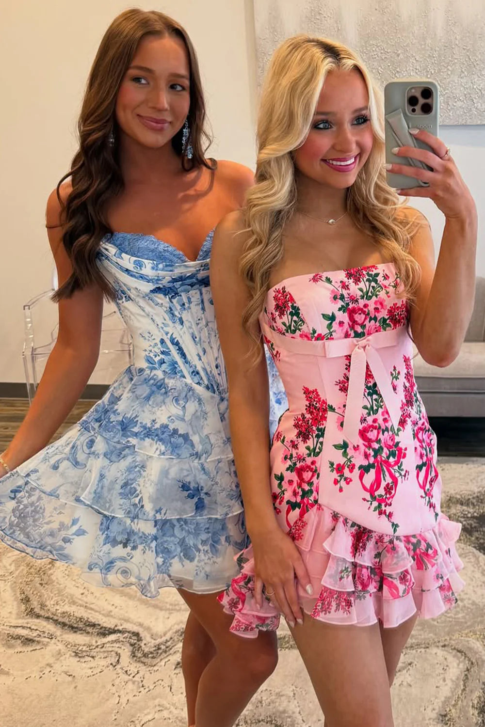 Short Pink Print Homecoming Dress Bodycon Strapless Tight with Bowknot