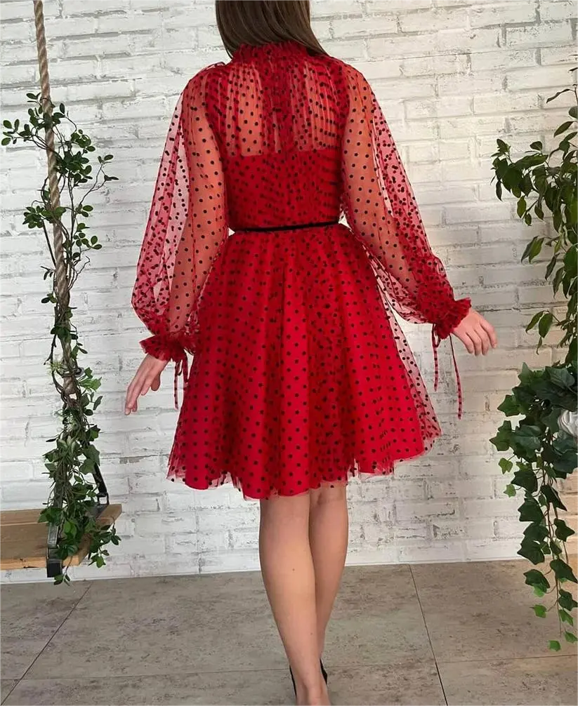 Red polka dot party dress with sheer sleeves