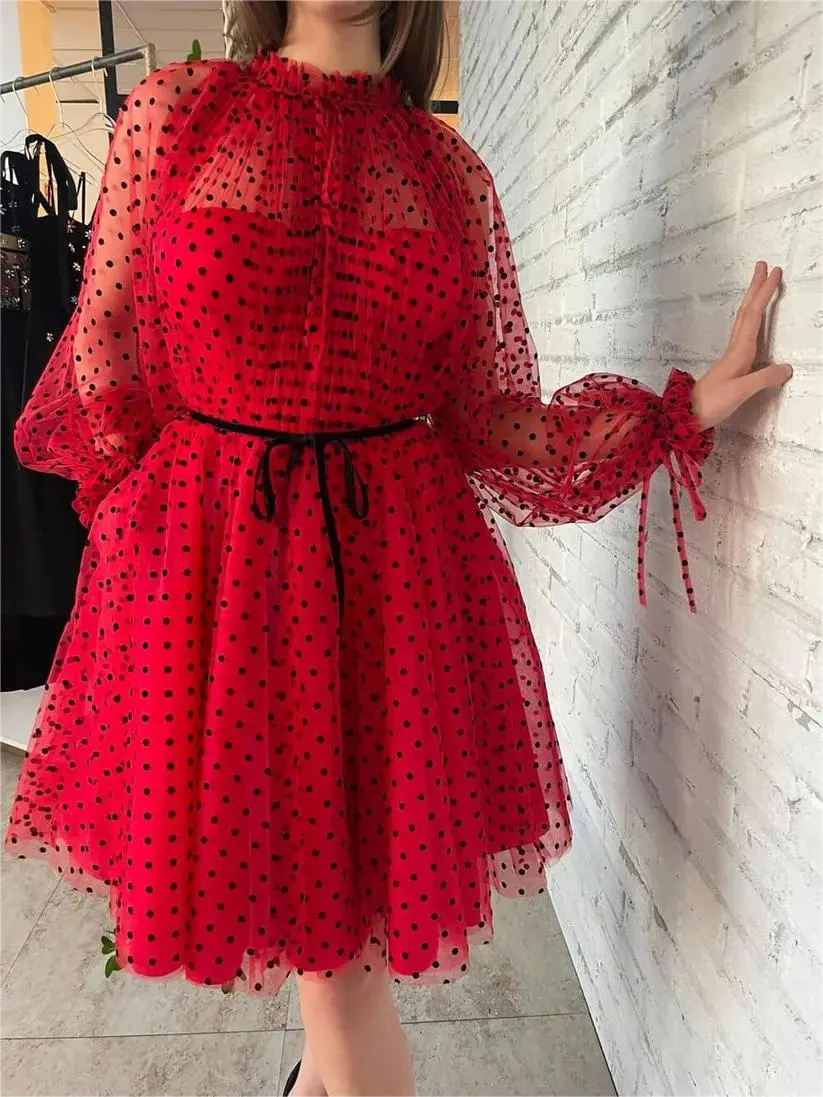 Short Polka Dot Red Prom Dress Long Sleeve Tulle Homecoming Dress
