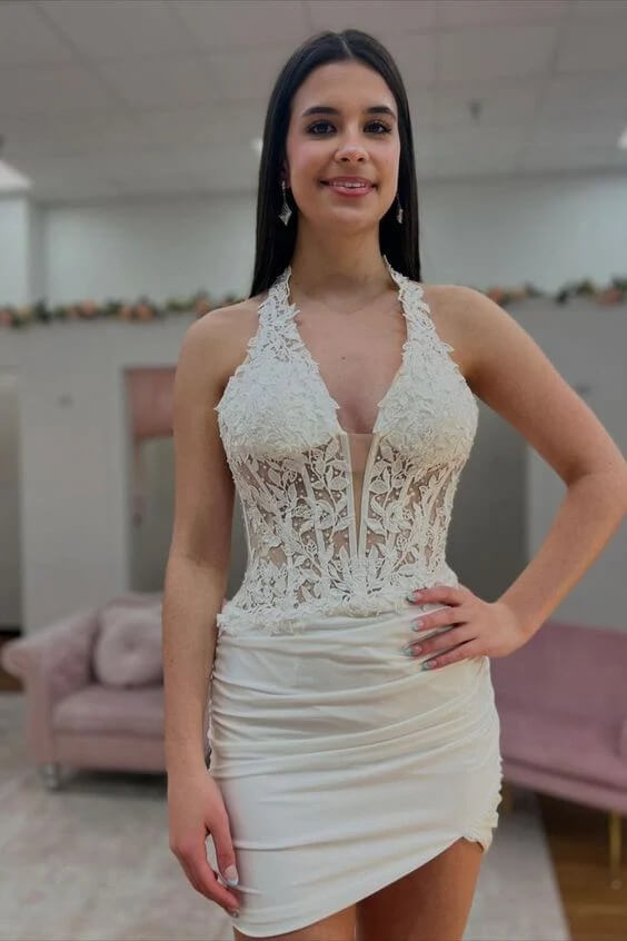 Short Prom Dress Halter Lace Appliques Ruched Hoco Dress Bodycon