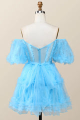 Short Ruffles Homecoming Dress blue Tulle Off the Shoulder Mychicdress