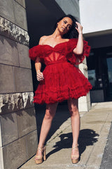 Short Ruffles Homecoming Dress red Tulle Off the Shoulder Mychicdress