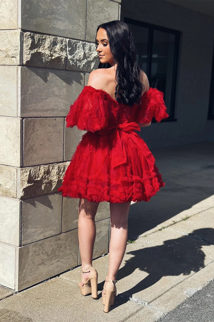 Short Ruffles Homecoming Dress red Tulle Off the Shoulder Mychicdress