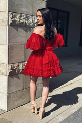 Short Ruffles Homecoming Dress red Tulle Off the Shoulder Mychicdress