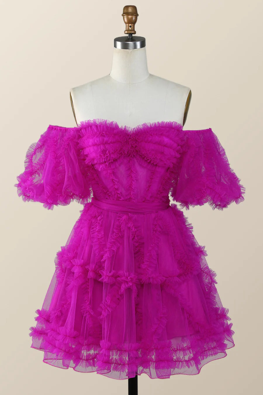 Short Ruffles Homecoming Dress hot pink Tulle Off the Shoulder Mychicdress