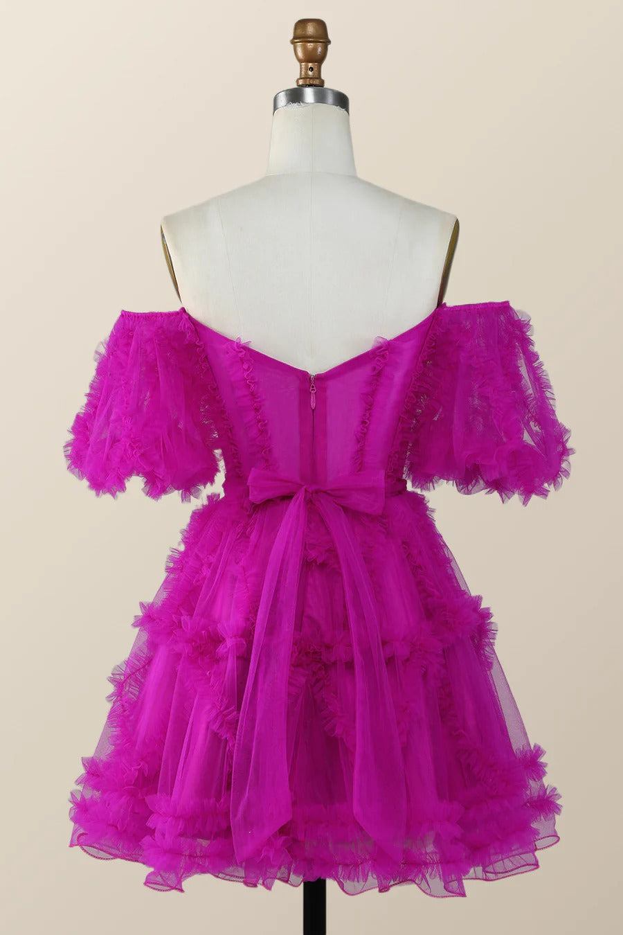 Short Ruffles Homecoming Dress fuchsia Tulle Off the Shoulder Mychicdress
