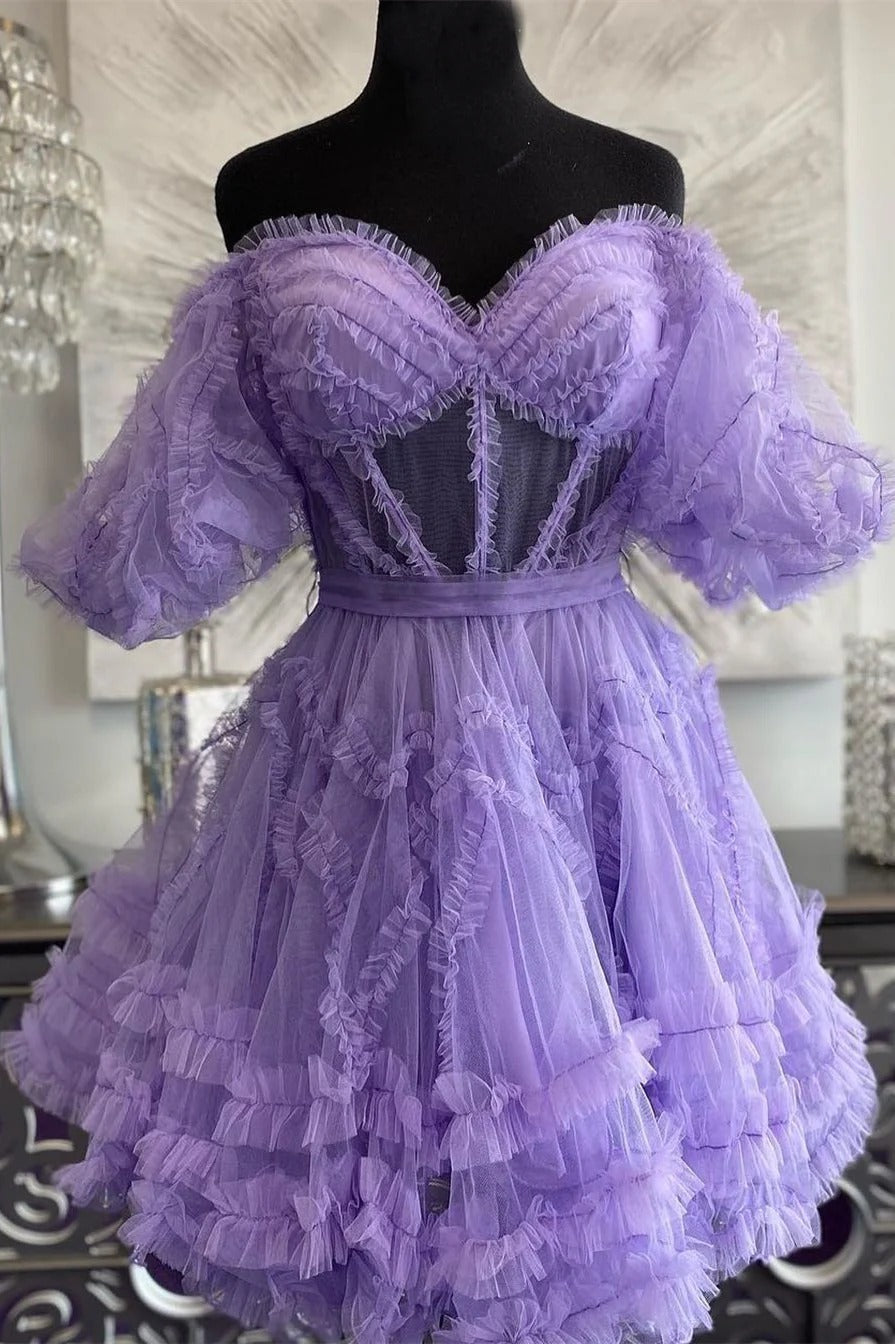 Short Ruffles Homecoming Dress Purple Tulle Off the Shoulder Mychicdress